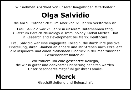 Traueranzeige von Olga Salvidio von Darmstädter Echo
