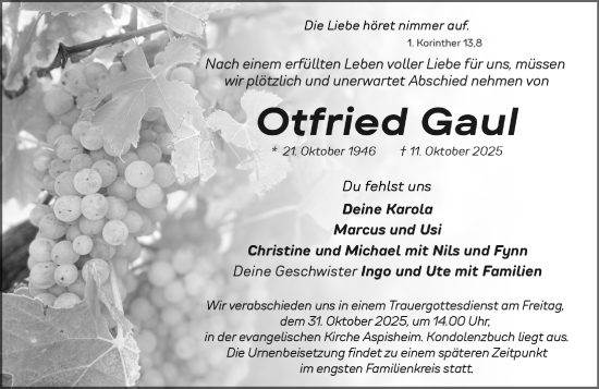 Traueranzeige von Otfried Gaul von Allgemeine Zeitung Rheinhessen-Nahe