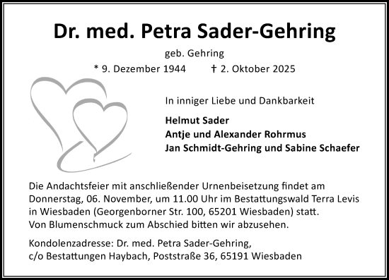 Traueranzeige von Petra Sader-Gehring von Wiesbadener Kurier Traueranzeige von Petra Sader-Gehring von Wiesbadener Kurier