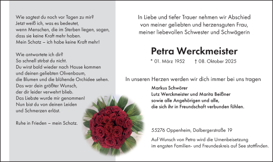 Traueranzeige von Petra Werckmeister von Allgemeine Zeitung Mainz