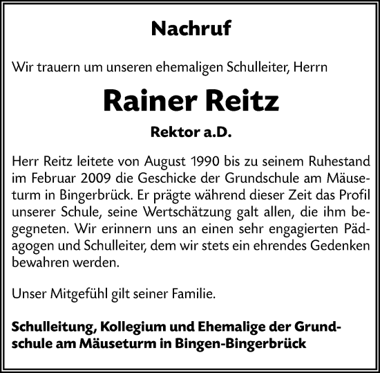 Traueranzeige von Rainer Reitz von Binger-/Ingelheimer Wochenblatt