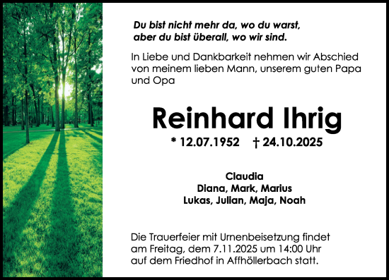 Traueranzeige von Reinhard Ihrig von Odenwälder Echo