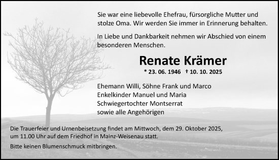 Traueranzeige von Renate Krämer von Allgemeine Zeitung Mainz Traueranzeige von Renate Krämer von Allgemeine Zeitung Mainz