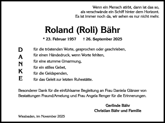 Traueranzeige von Roland Bähr von Wiesbadener Kurier