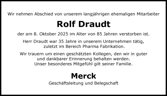 Traueranzeige von Rolf Draudt von Darmstädter Echo
