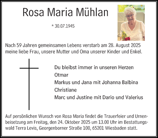 Traueranzeige von Rosa Maria Mühlan von Wiesbadener Kurier Traueranzeige von Rosa Maria Mühlan von Wiesbadener Kurier