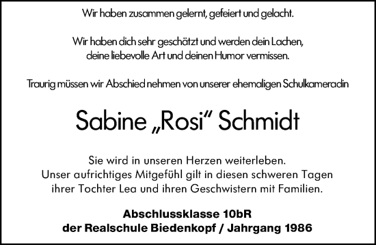 Traueranzeige von Sabine Schmidt von Hinterländer Anzeiger