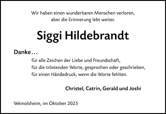 Traueranzeige von Siggi Hildebrandt von Allgemeine Zeitung Mainz