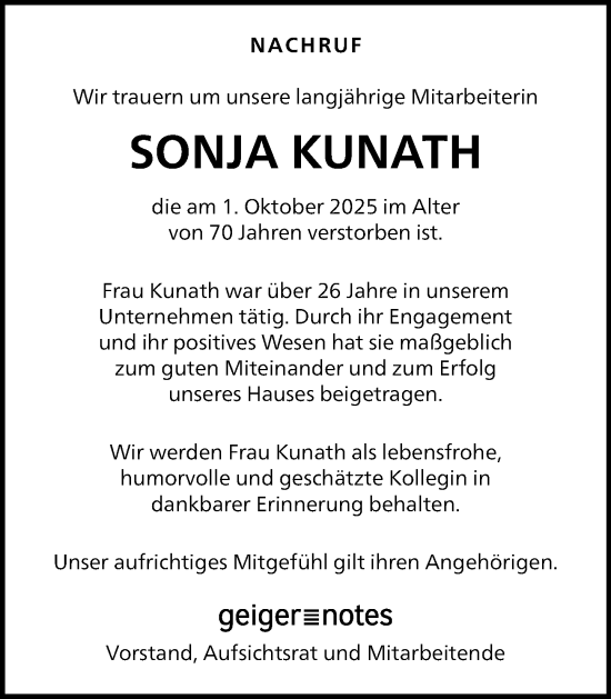 Traueranzeige von Sonja Kunath von Wiesbadener Kurier