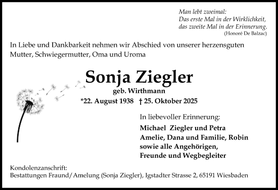 Traueranzeige von Sonja Ziegler von Wiesbadener Kurier