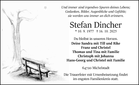 Traueranzeige von Stefan Dincher von Odenwälder Echo