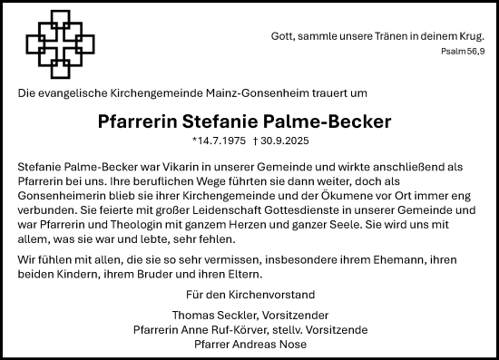 Traueranzeige von Stefanie Palme-Becker von Allgemeine Zeitung Mainz