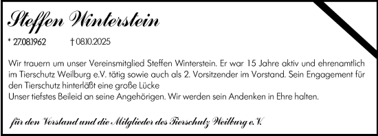 Traueranzeige von Steffen Winterstein von Weilburger Tageblatt