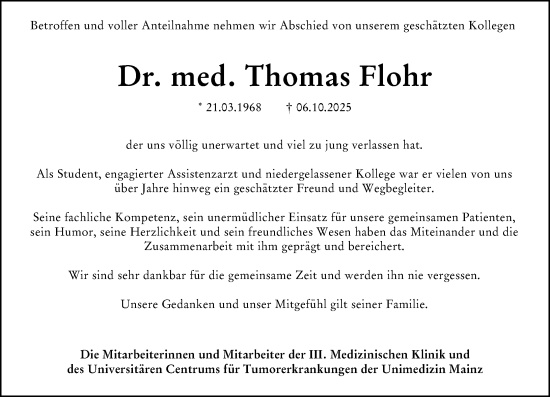 Traueranzeige von Thomas Franz Gerd Flohr von Allgemeine Zeitung Mainz