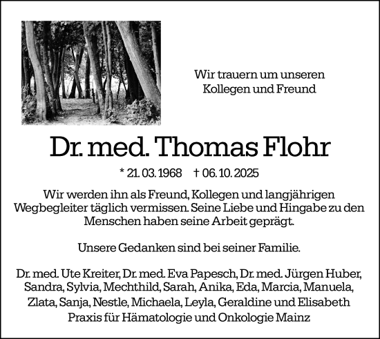 Traueranzeige von Thomas Flohr von Allgemeine Zeitung Mainz