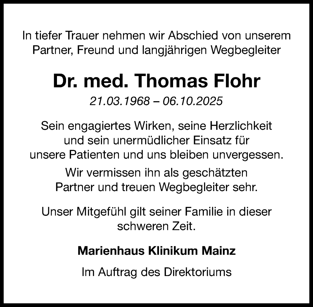  Traueranzeige für Thomas Franz Gerd Flohr vom 18.10.2025 aus Allgemeine Zeitung Mainz