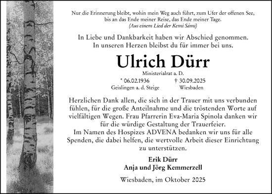 Traueranzeige von Ulrich Dürr von Wiesbadener Kurier Traueranzeige von Ulrich Dürr von Wiesbadener Kurier