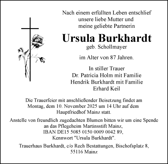 Traueranzeige von Ursula Burkhardt von Allgemeine Zeitung Mainz