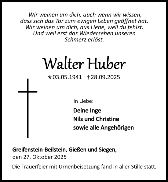 Traueranzeige von Walter Huber von Dill Block