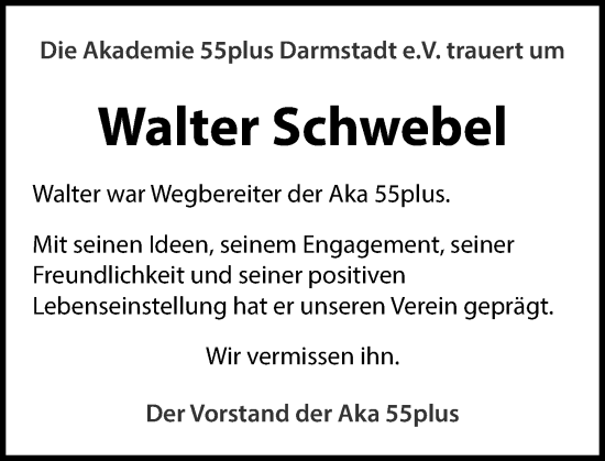 Traueranzeige von Walter Schwebel von Darmstädter Echo