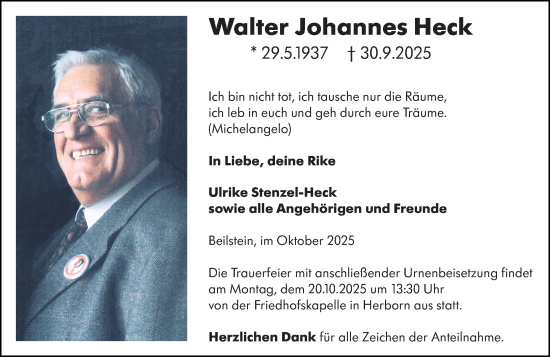 Traueranzeige von Walter Johannes Heck von Dill Block