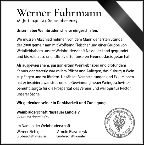 Traueranzeige von Werner Fuhrmann von Nassauische Neue Presse