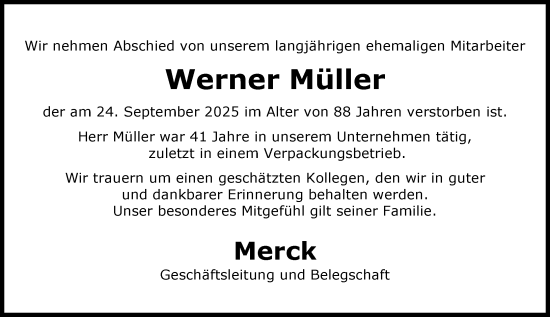 Traueranzeige von Werner Müller von Darmstädter Echo