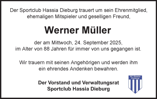 Traueranzeige von Werner Müller von Dieburger Anzeiger/Groß-Zimmerner Lokal-Anzeiger