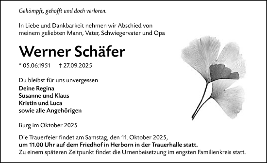 Traueranzeige von Werner Schäfer von Dill Block