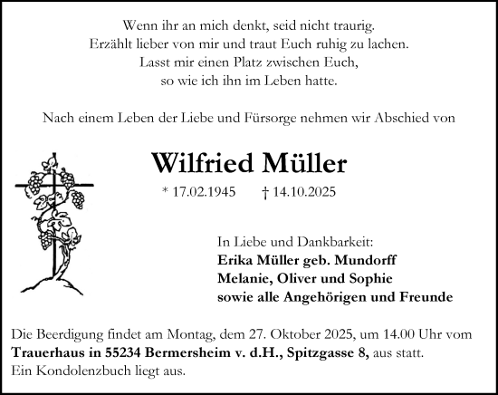 Traueranzeige von Wilfried Müller von Allgemeine Zeitung Alzey