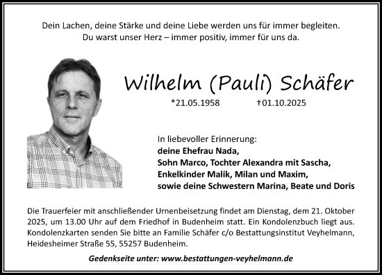 Traueranzeige von Wilhelm Schäfer von Allgemeine Zeitung Mainz