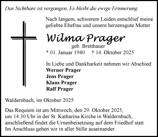 Traueranzeige von Wilma Prager von Weilburger Tageblatt