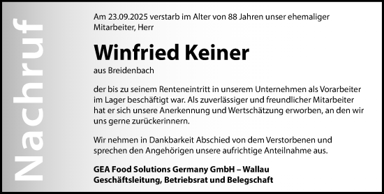 Traueranzeige von Winfried Keiner von Hinterländer Anzeiger
