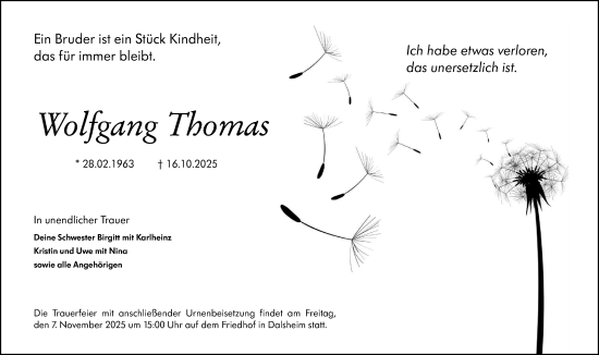 Traueranzeige von Wolfgang Thomas von Wormser Zeitung