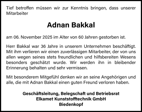 Traueranzeige von Adnan Bakkal von Hinterländer Anzeiger