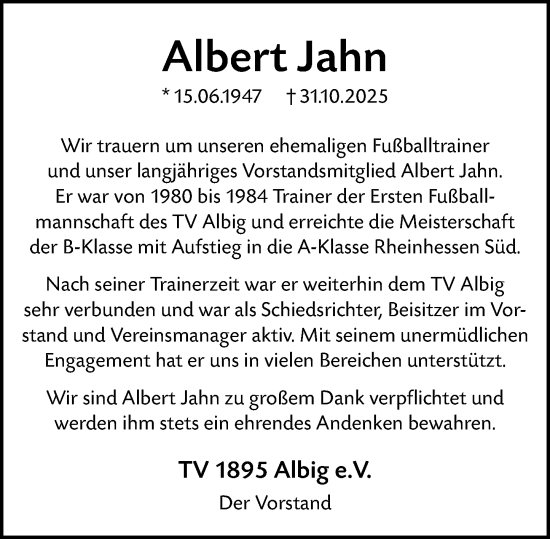 Traueranzeige von Albert Jahn von Allgemeine Zeitung Alzey