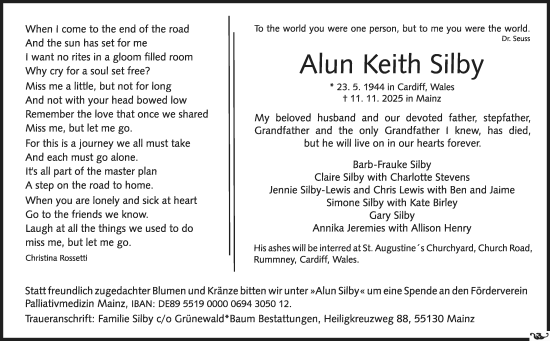 Traueranzeige von Alun Keith Silby von Wiesbadener Kurier