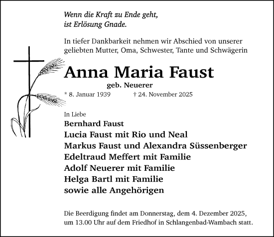 Traueranzeige von Anna Maria Faust von Wiesbadener Kurier
