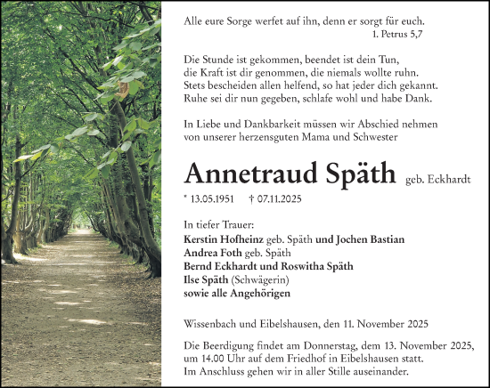 Traueranzeige von Annetraud Späth von Dill Block