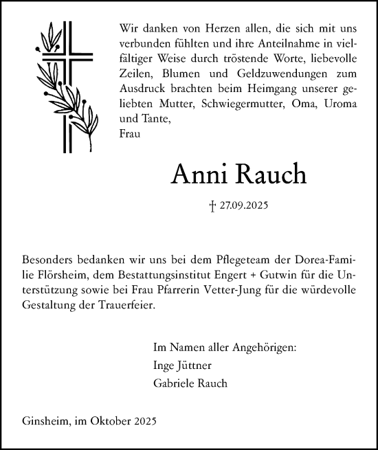 Traueranzeige von Anni Rauch von Rüsselsheimer Echo