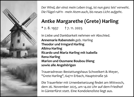 Traueranzeige von Antke Margarethe Harling von Odenwälder Echo