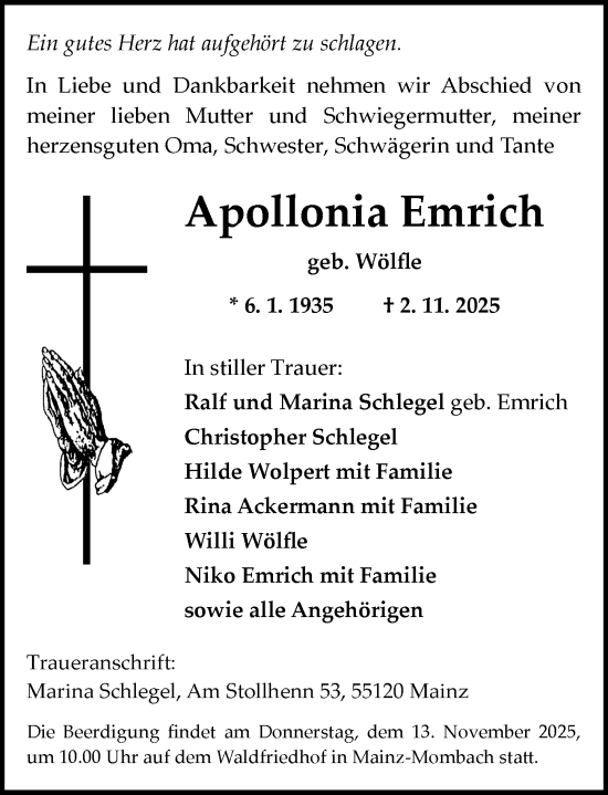 Traueranzeige von Apollonia Emrich von Allgemeine Zeitung Mainz