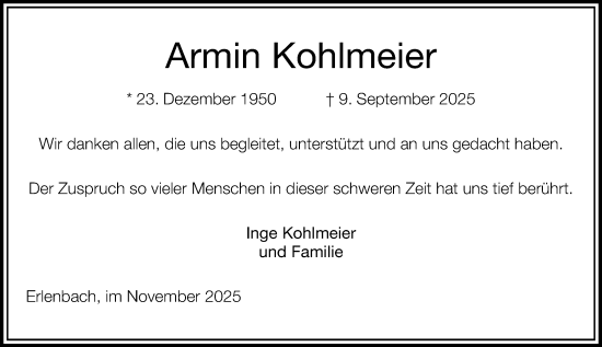 Traueranzeige von Armin Kohlmeier von Starkenburger Echo
