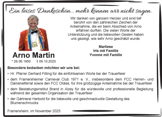 Traueranzeige von Arno Martin von Allgemeine Zeitung Alzey