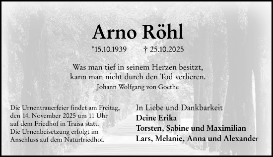 Traueranzeige von Arno Röhl von Darmstädter Echo