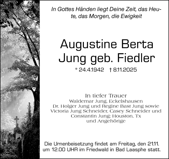 Traueranzeige von Augustine Berta Jung von Hinterländer Anzeiger