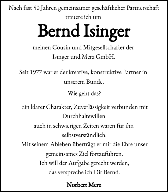Traueranzeige von Bernd Isinger von Wiesbadener Kurier