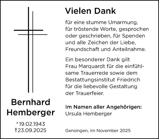Traueranzeige von Bernhard Hemberger von Binger-/Ingelheimer Wochenblatt