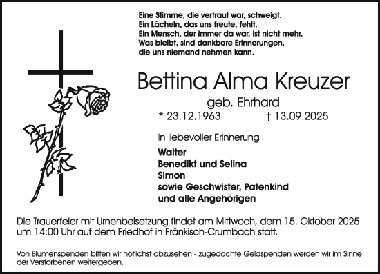 Traueranzeige von Bettina Alma Kreuzer von Odenwälder Echo