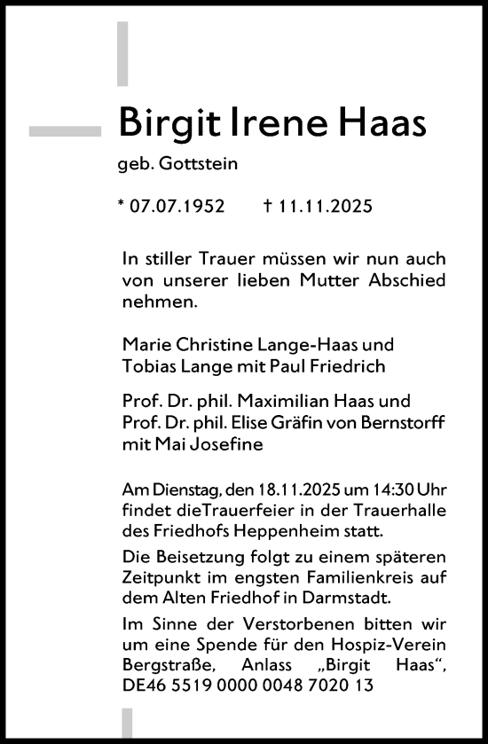 Traueranzeige von Birgit Irene Haas von Bergsträßer Anzeiger